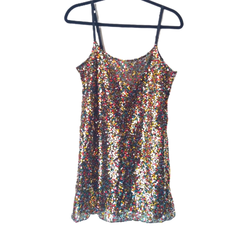 Free People Sequin Nightie/Slip Dress, Size M, gold, red, blue, silver, black
